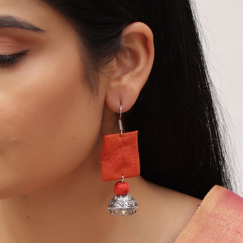 Square Shape Handloom Fabric Dangle Drop Pendant Jhumka Earrings