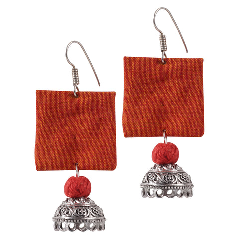 Square Shape Handloom Fabric Dangle Drop Pendant Jhumka Earrings