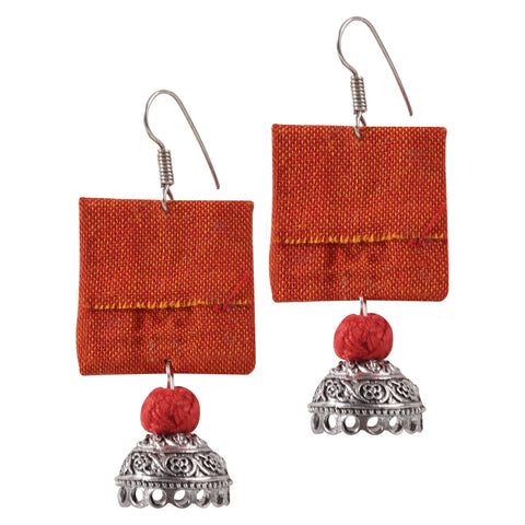 Square Shape Handloom Fabric Dangle Drop Pendant Jhumka Earrings