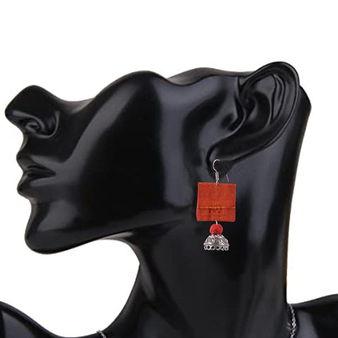 Square Shape Handloom Fabric Dangle Drop Pendant Jhumka Earrings
