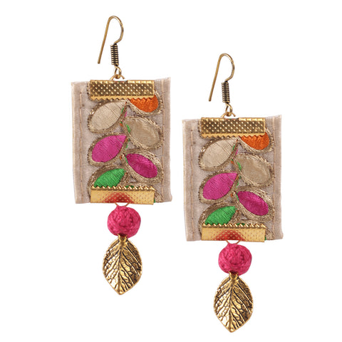 Gold Plated Long Rectangle Leaf Carved Fabric Dangle Drop Pendant Earrings