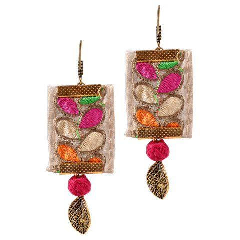 Gold Plated Long Rectangle Leaf Carved Fabric Dangle Drop Pendant Earrings