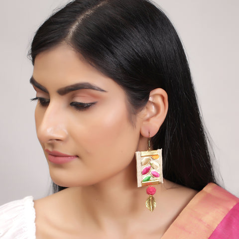 Gold Plated Long Rectangle Leaf Carved Fabric Dangle Drop Pendant Earrings