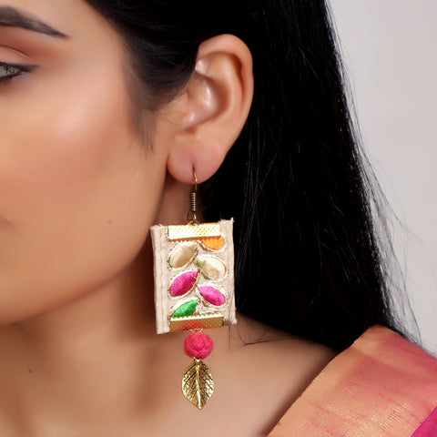 Gold Plated Long Rectangle Leaf Carved Fabric Dangle Drop Pendant Earrings
