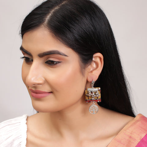 Multicolor On The Go Square Shape Tree Carved Fabric Dangle Drop Pendant Earrings