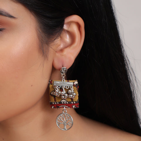 Multicolor On The Go Square Shape Tree Carved Fabric Dangle Drop Pendant Earrings