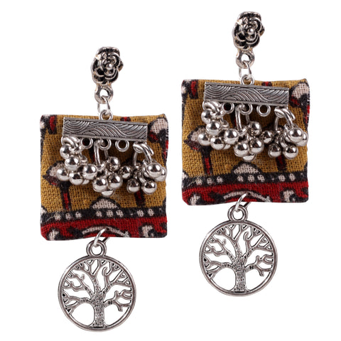 Multicolor On The Go Square Shape Tree Carved Fabric Dangle Drop Pendant Earrings