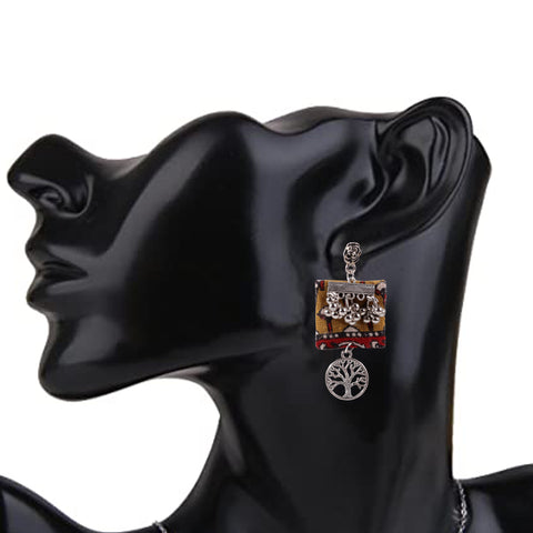Multicolor On The Go Square Shape Tree Carved Fabric Dangle Drop Pendant Earrings