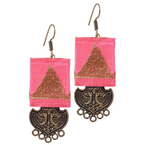 Hand Crafted Geometric Bird Carved Fabric Dangle Drop Earrings