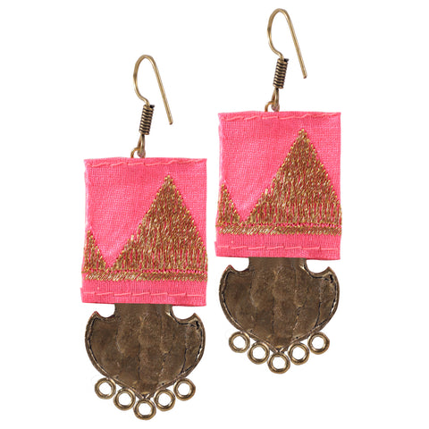 Hand Crafted Geometric Bird Carved Fabric Dangle Drop Earrings