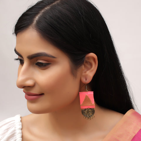Hand Crafted Geometric Bird Carved Fabric Dangle Drop Earrings
