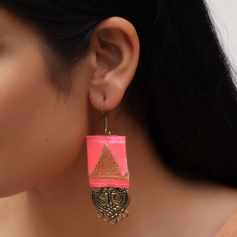 Hand Crafted Geometric Bird Carved Fabric Dangle Drop Earrings