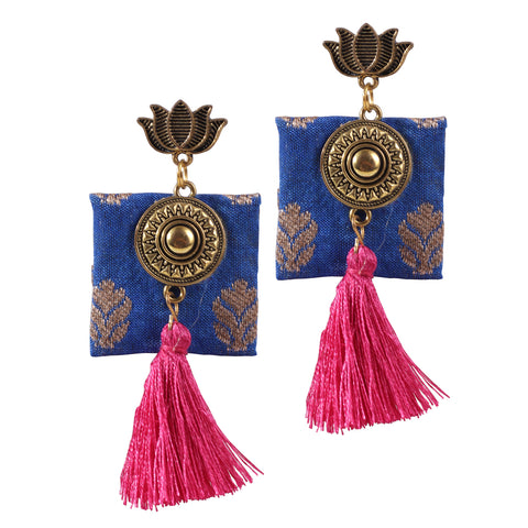 Lotus Flower Crafted Square Shape Handloom Fabric Thread Tassel Dangle Fringing Earrings