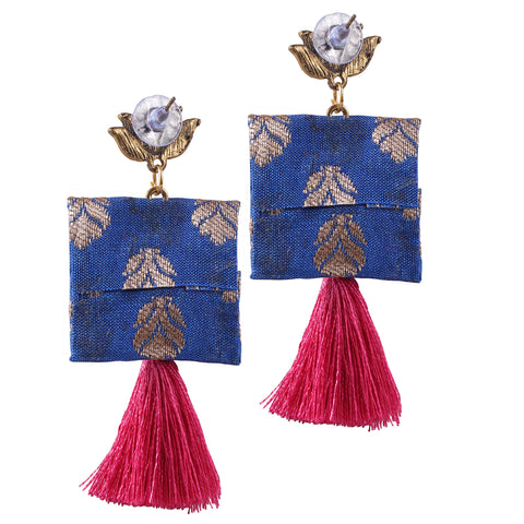 Lotus Flower Crafted Square Shape Handloom Fabric Thread Tassel Dangle Fringing Earrings