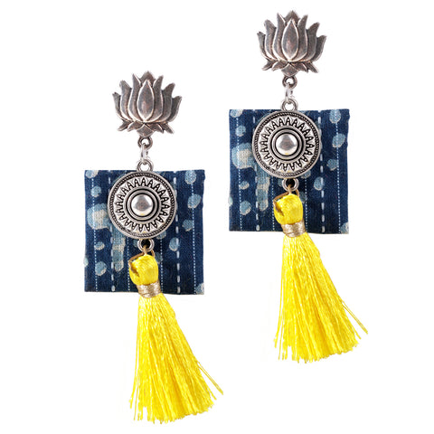 Lotus Flower Crafted Square Shape Handloom Fabric Thread Tassel Dangle Fringing Earrings