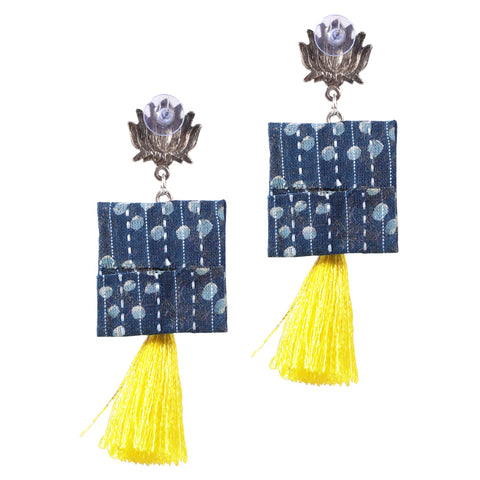 Lotus Flower Crafted Square Shape Handloom Fabric Thread Tassel Dangle Fringing Earrings
