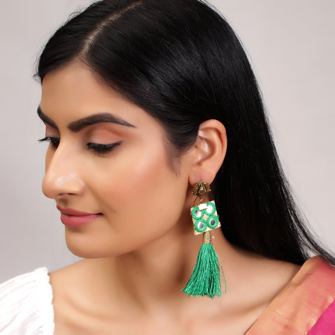 Finely Crafted Oxidized Handloom Fabric Thread Tassel Dangle Fringing Earrings