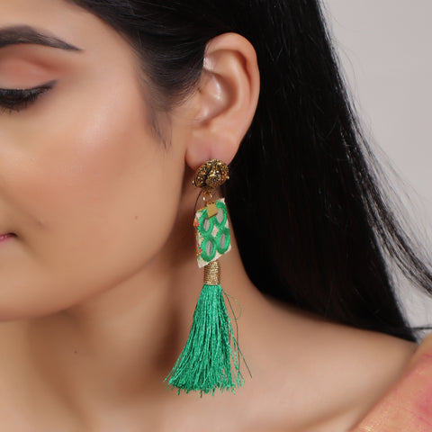 Finely Crafted Oxidized Handloom Fabric Thread Tassel Dangle Fringing Earrings