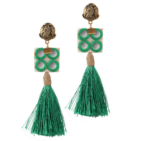 Finely Crafted Oxidized Handloom Fabric Thread Tassel Dangle Fringing Earrings