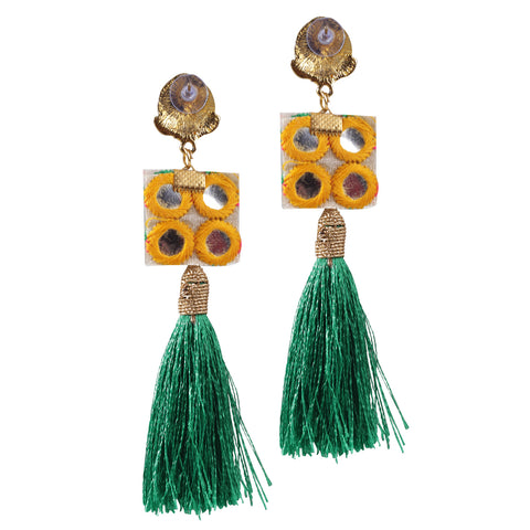 Finely Crafted Oxidized Handloom Fabric Thread Tassel Dangle Fringing Earrings