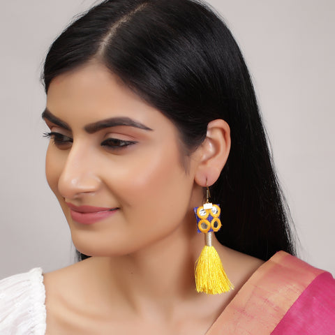 Finely Crafted Oxidized Handloom Fabric Thread Tassel Dangle Fringing Earrings