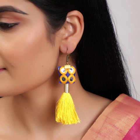 Finely Crafted Oxidized Handloom Fabric Thread Tassel Dangle Fringing Earrings
