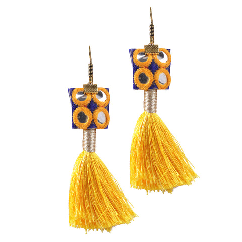 Finely Crafted Oxidized Handloom Fabric Thread Tassel Dangle Fringing Earrings