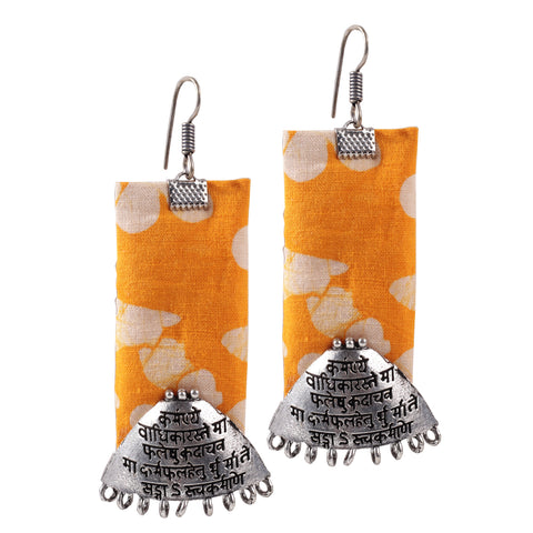 Contemporary Style Handmade Designer Sanskrit Inspired Long Handloom Fabric Dangle Drop Earrings