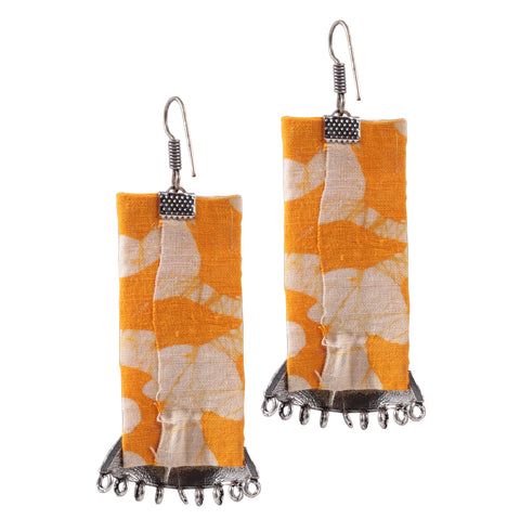 Contemporary Style Handmade Designer Sanskrit Inspired Long Handloom Fabric Dangle Drop Earrings