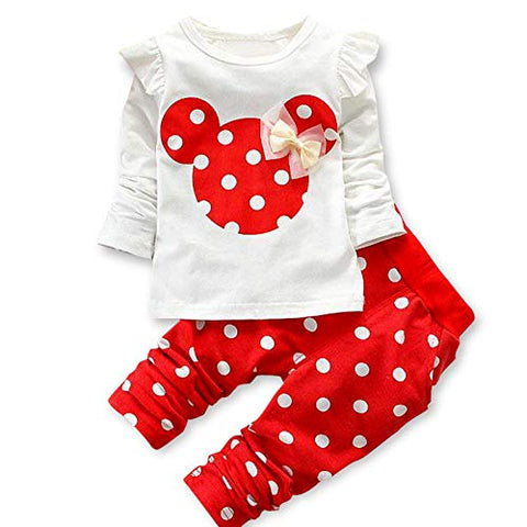 White & Red Polka Dot Cotton Full Sleeve T-shirt Top & Jogger Set for Baby Girls