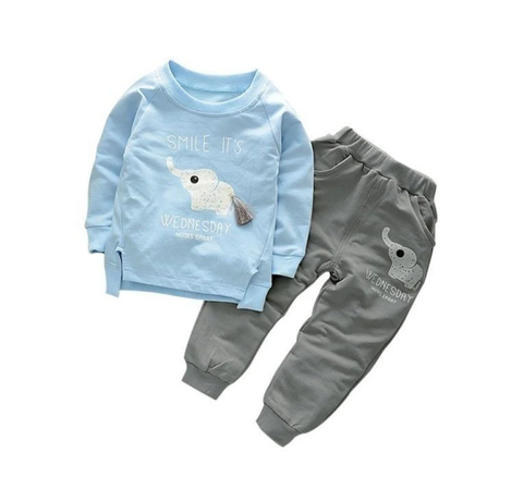 Blue & Grey Cute Elephant Print Full Sleeve T-shirt & Jogger PJ for Boys & Girls