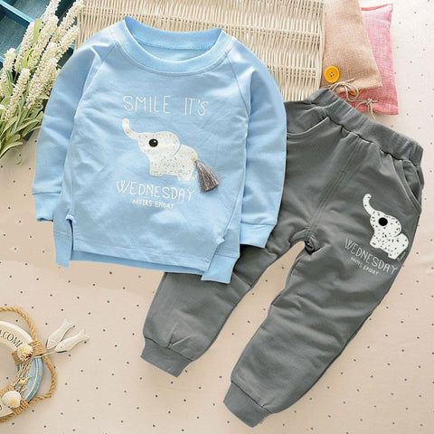 Blue & Grey Cute Elephant Print Full Sleeve T-shirt & Jogger PJ for Boys & Girls