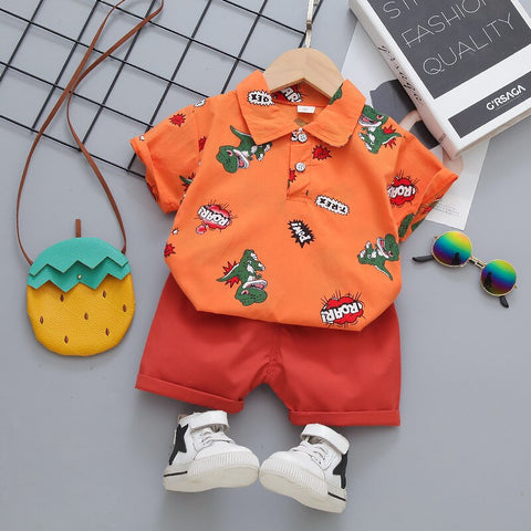Dinosaur Roar Cartoon Print Half Sleeve Polo T-shirt with Shorts for Infant Toddler Boys