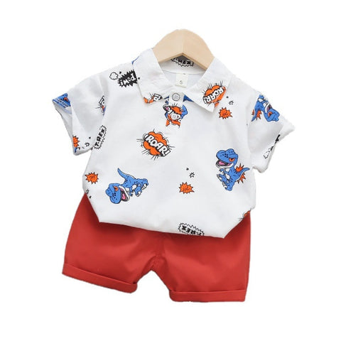 Dinosaur Roar Cartoon Print Half Sleeve Polo T-shirt with Shorts for Infant Toddler Boys