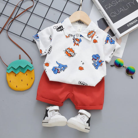 Dinosaur Roar Cartoon Print Half Sleeve Polo T-shirt with Shorts for Infant Toddler Boys
