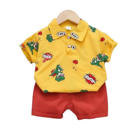 Dinosaur Roar Cartoon Print Half Sleeve Polo T-shirt with Shorts for Infant Toddler Boys