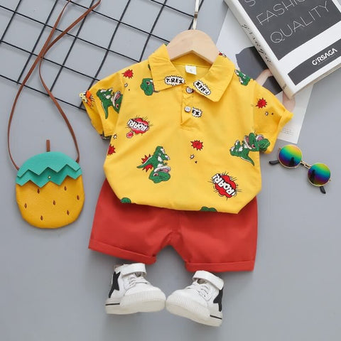 Dinosaur Roar Cartoon Print Half Sleeve Polo T-shirt with Shorts for Infant Toddler Boys