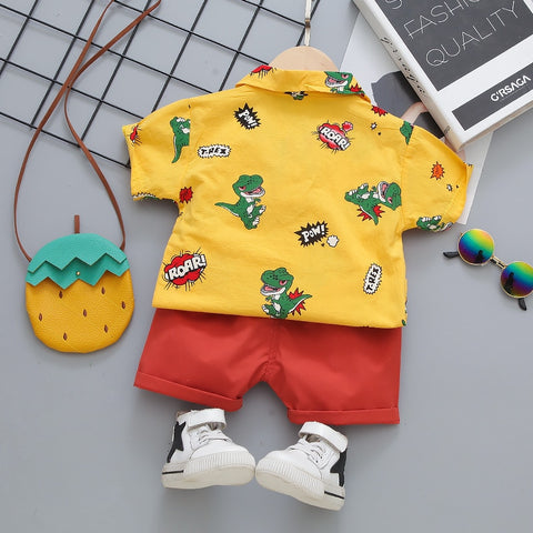 Dinosaur Roar Cartoon Print Half Sleeve Polo T-shirt with Shorts for Infant Toddler Boys