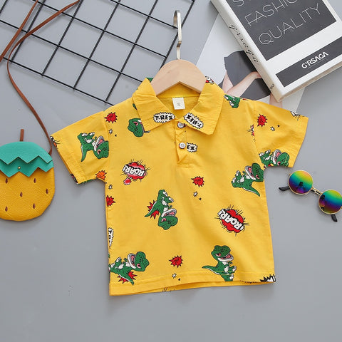 Dinosaur Roar Cartoon Print Half Sleeve Polo T-shirt with Shorts for Infant Toddler Boys