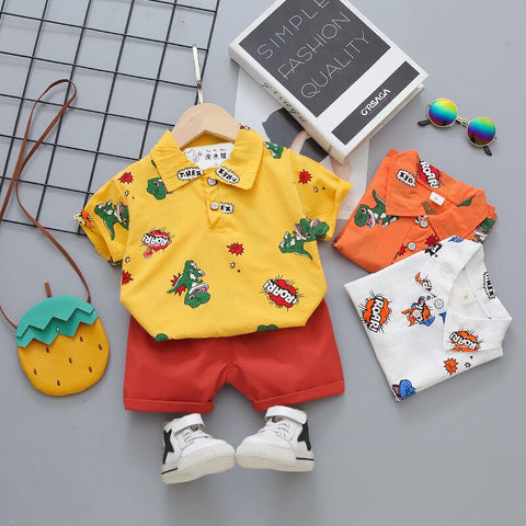 Dinosaur Roar Cartoon Print Half Sleeve Polo T-shirt with Shorts for Infant Toddler Boys