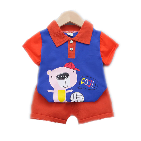 Kid's Bear Football Goal Cartoon Print Half Sleeve Polo T-shirt with Shorts for Infant Toddler Baby Boy