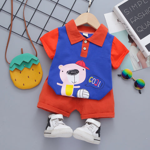 Kid's Bear Football Goal Cartoon Print Half Sleeve Polo T-shirt with Shorts for Infant Toddler Baby Boy