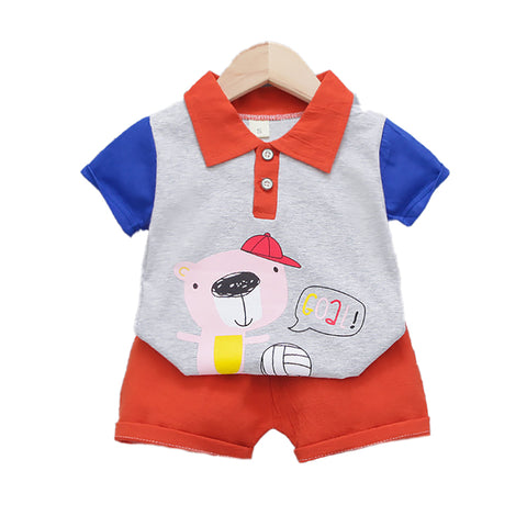 Kid's Bear Football Goal Cartoon Print Half Sleeve Polo T-shirt with Shorts for Infant Toddler Baby Boy