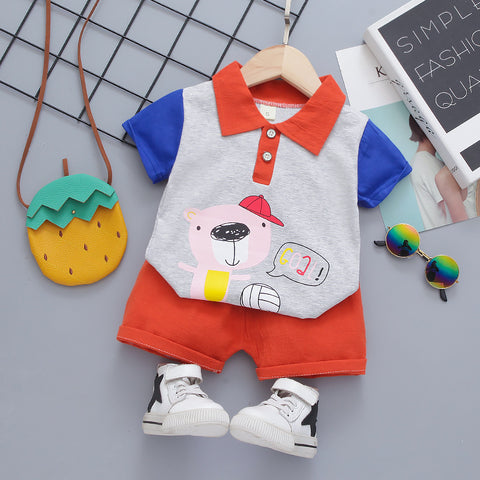 Kid's Bear Football Goal Cartoon Print Half Sleeve Polo T-shirt with Shorts for Infant Toddler Baby Boy