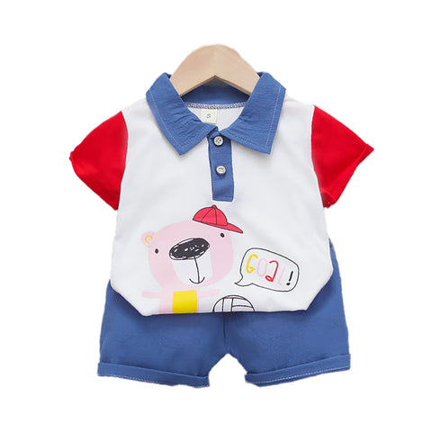 Kid's Bear Football Goal Cartoon Print Half Sleeve Polo T-shirt with Shorts for Infant Toddler Baby Boy