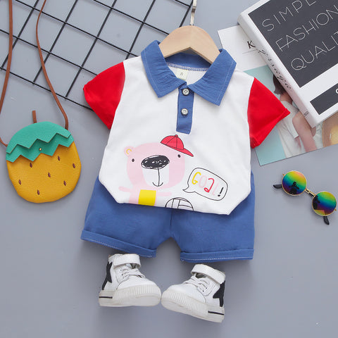 Kid's Bear Football Goal Cartoon Print Half Sleeve Polo T-shirt with Shorts for Infant Toddler Baby Boy