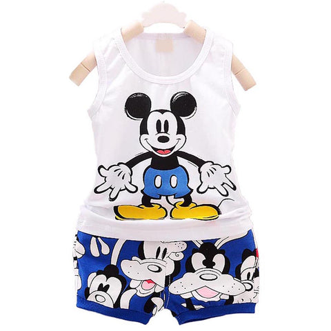 Sleeveless Cotton Knit Mickey Mouse Print Vest Tshirt & Shorts Set for Kids