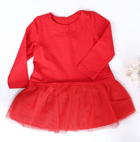 Cute Red Full Sleeve Cotton & Net Tutu Princess Dress Frock Dress for Baby Girls