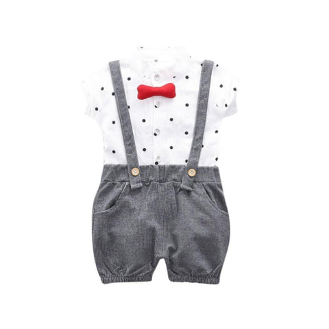 Half Sleeve Polka Dot Print Cotton Shirt with Dungaree Shorts & Bowtie, Little Man Party Outfit