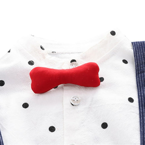 Half Sleeve Polka Dot Print Cotton Shirt with Dungaree Shorts & Bowtie, Little Man Party Outfit